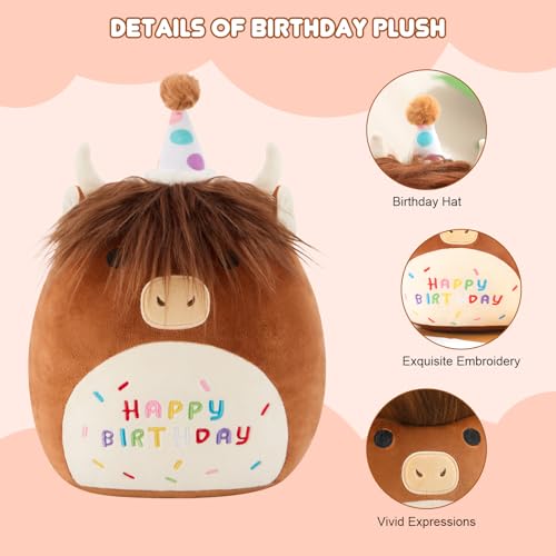 Happy Birthday Highland Cow Plush Toy for Kids Brown (10 Inch)  
Happy Birthday Cow Stuffed Animal Doll for Girls Boys (