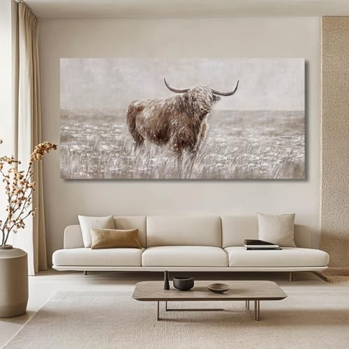 MLART99 Highland Cow Wall Art for Bedroom and Office Large Landscape Painting on Canvas 29"x 58" Home Décor