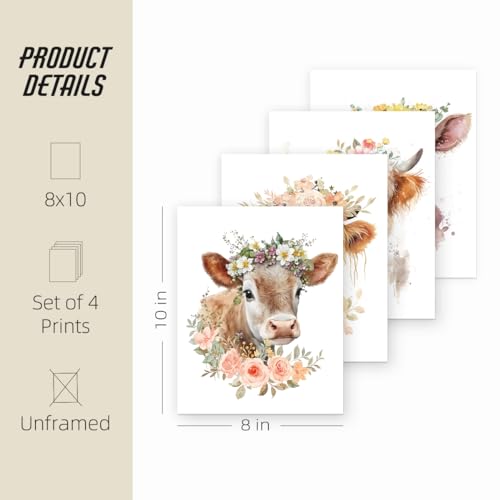 ETVISO Highland Cow Wall Art Prints for Western & Highland Cow Lovers, Nursery Decor & Baby Shower, Set of 4 (8x10 Unfra