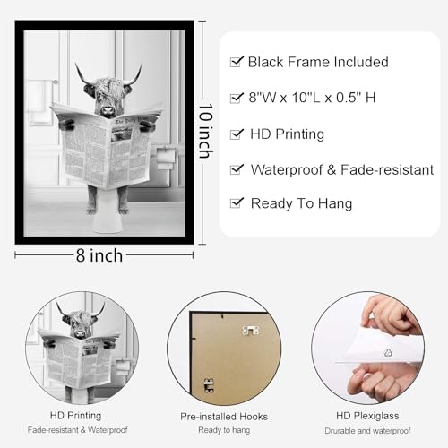 Funny Highland Cow Wall Art for Bathroom - Humor Animals Artwork Prints, Toilet Decor Ready to Hang, Black and White Fra