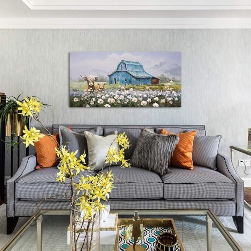 Anolyfi Blue Barn Picture Farmhouse Canvas Wall Art for Living Room Framed Highland Cow and White Flowers Landscape Text