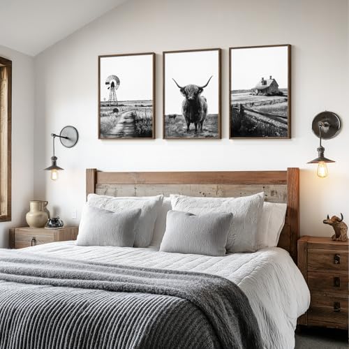 Framed Highland Cow Wall Art for Living Room and Bedroom, 3 Piece Black and White Farmhouse Canvas Artwork for Vintage