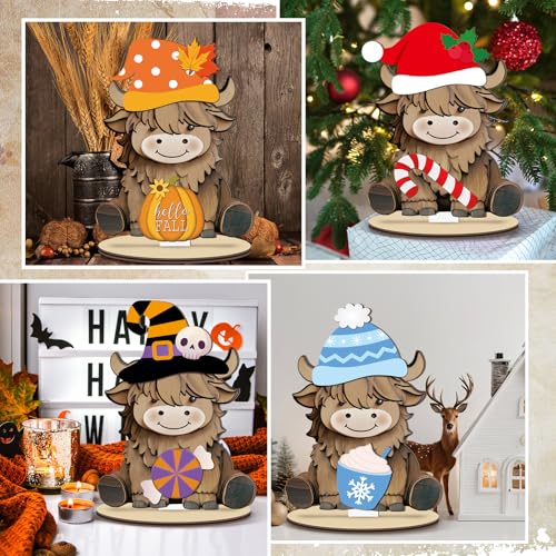 Interchangeable Highland Cow Seasonal Signs for Home Desk Gift with Rustic Tiered Tray Decor (Cute, 27 Pcs)  
Interchang