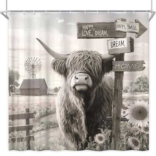Rural Farm Highland Cow Shower Curtain Rustic Deer Animal Patterns Hooks Set for Farmhouse Bathroom Decor
| Farm Highla