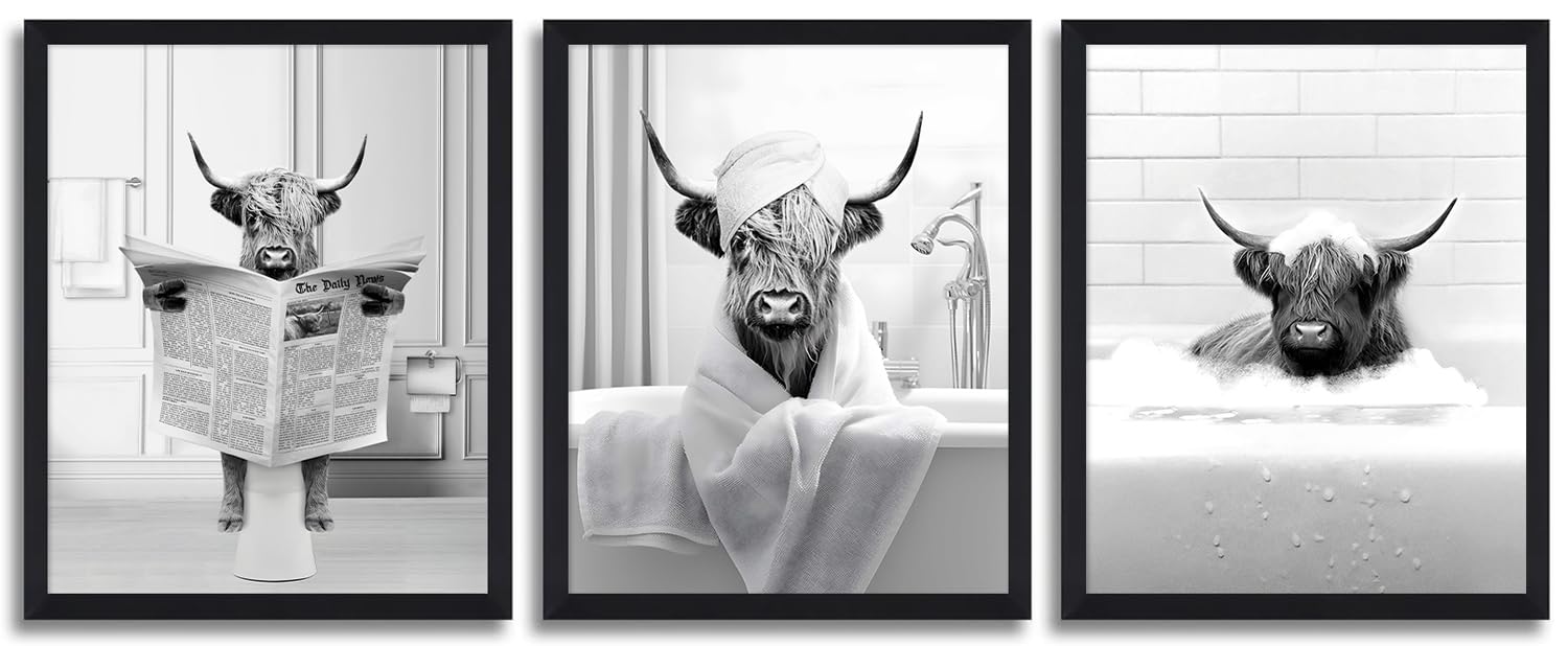 Funny Highland Cow Wall Art for Bathroom - Humor Animals Artwork Prints, Toilet Decor Ready to Hang, Black and White Fra