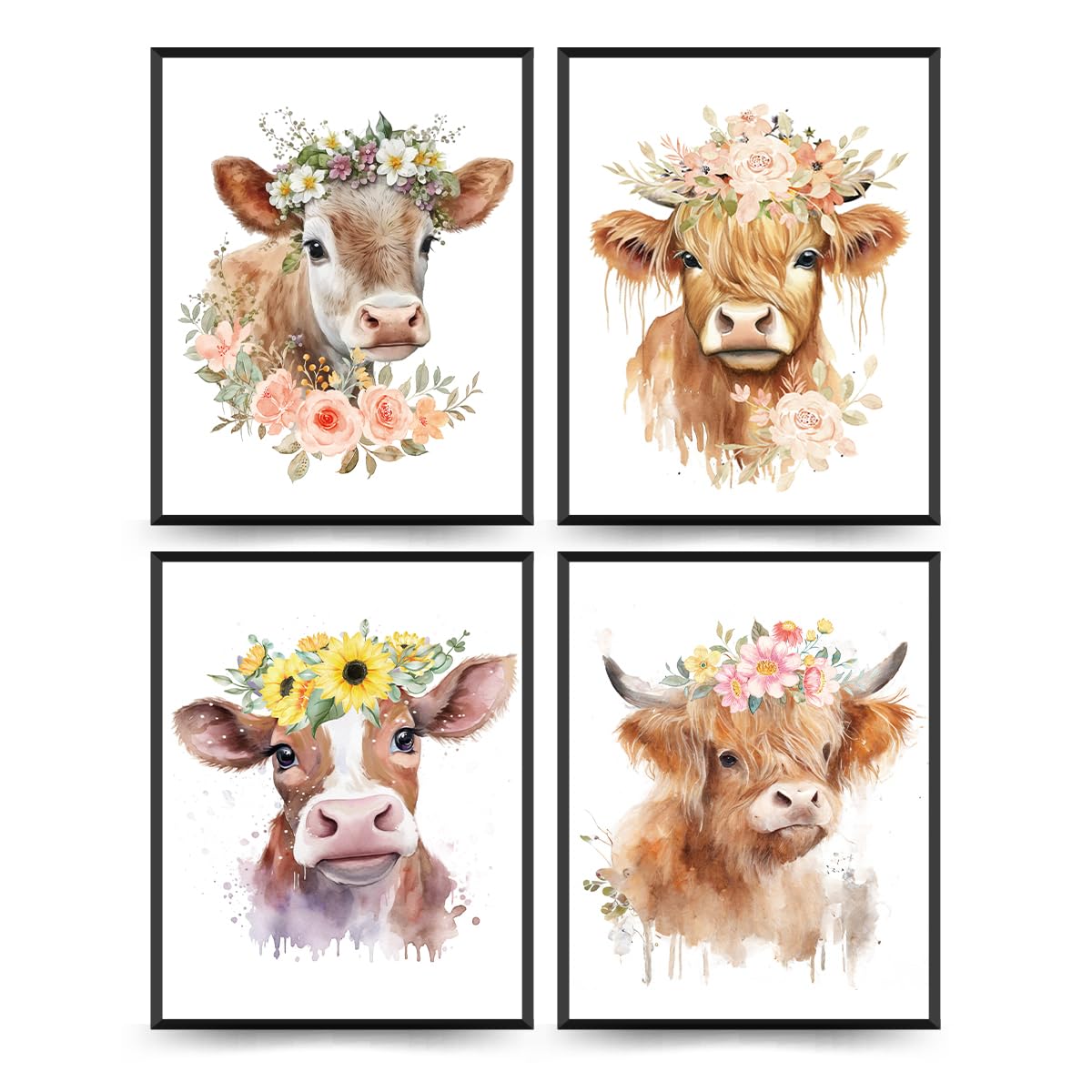 ETVISO Highland Cow Wall Art Prints for Western & Highland Cow Lovers, Nursery Decor & Baby Shower, Set of 4 (8x10 Unfra