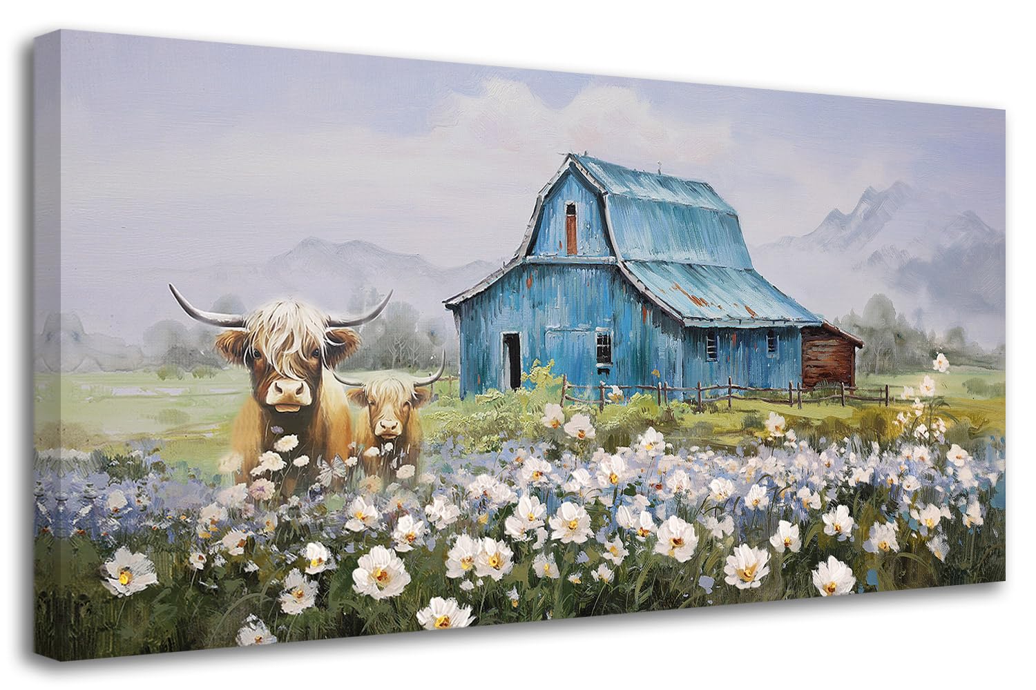 Anolyfi Blue Barn Picture Farmhouse Canvas Wall Art for Living Room Framed Highland Cow and White Flowers Landscape Text