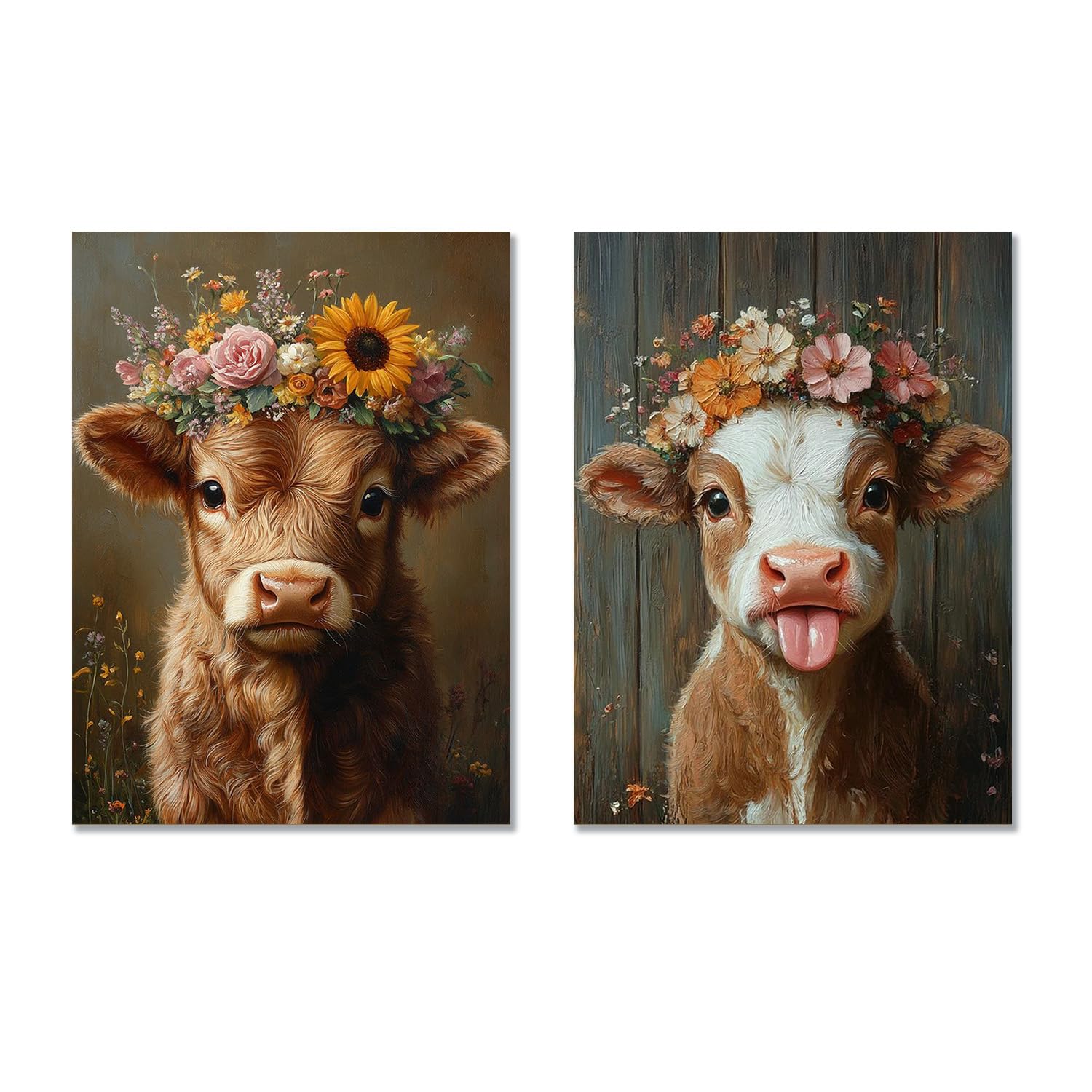 Vintage Wall Art of Highland Cows with Flowers for Bedroom and Living Room Funny Decor (12''x16''x2pcs Unframed)  
Vinta
