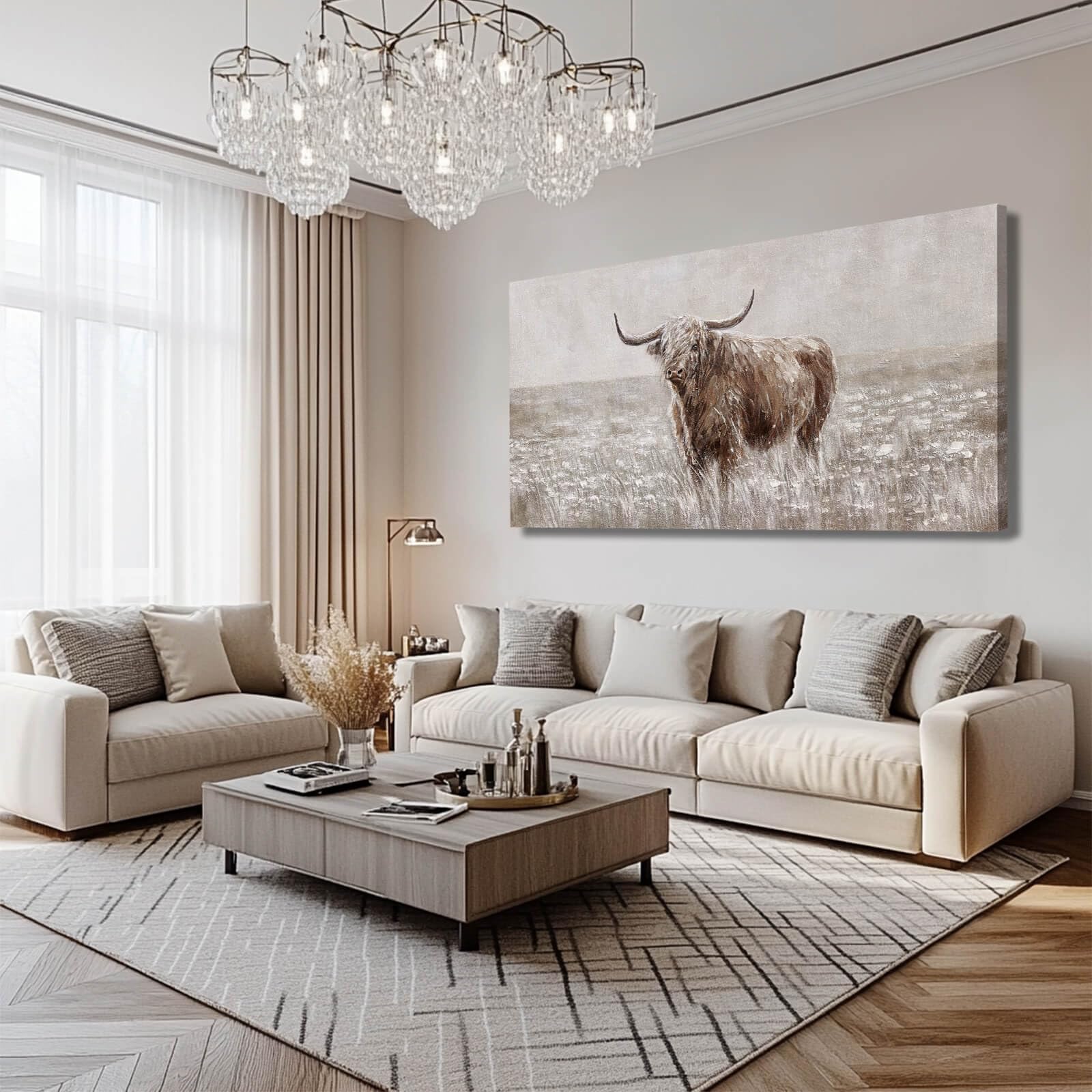 MLART99 Highland Cow Wall Art for Bedroom and Office Large Landscape Painting on Canvas 29"x 58" Home Décor