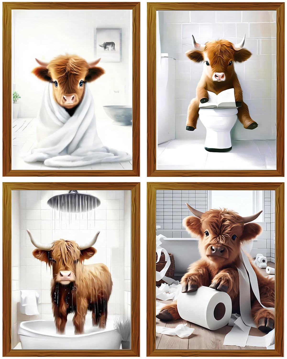 Highland Cow Bathroom Wall Art - Humorous Cow Canvas Prints for Wall Decor (8 x 10 Inch, Unframed)