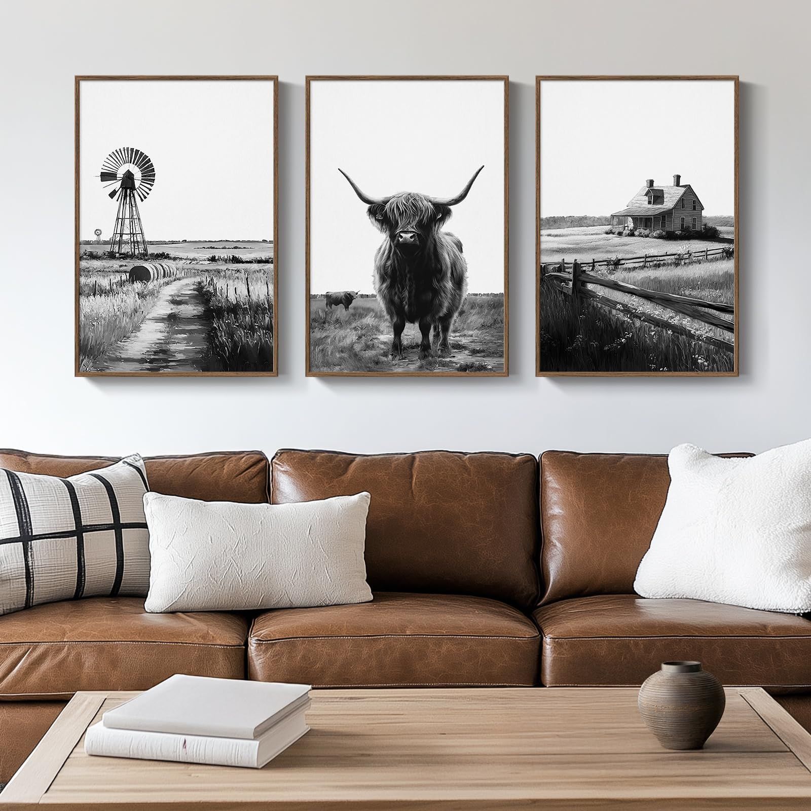 Framed Highland Cow Wall Art for Living Room and Bedroom, 3 Piece Black and White Farmhouse Canvas Artwork for Vintage