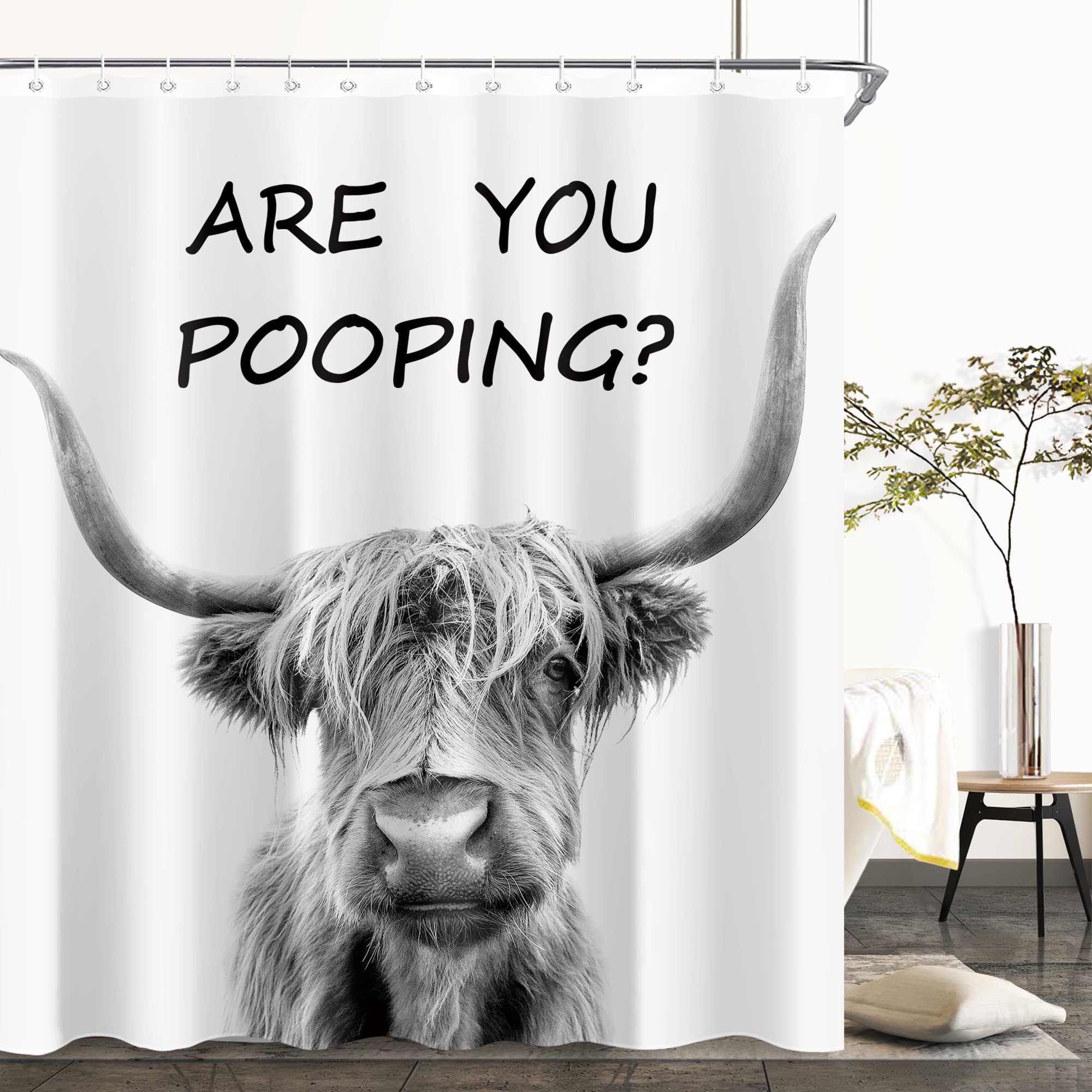 Funny Highland Cow Shower Curtain Sets for Bathroom Fans Grey Rustic Decoration Bull Cattle Farmhouse Animal Nature Poly