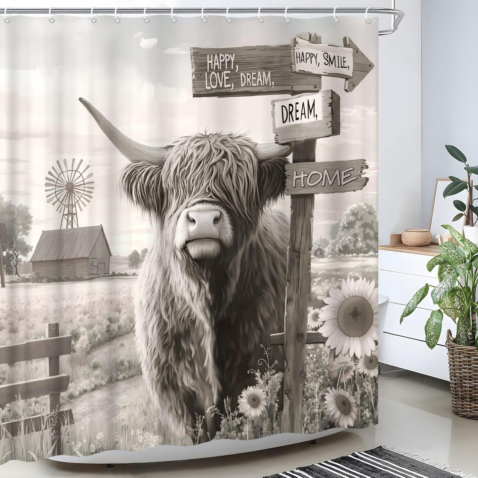 Rural Farm Highland Cow Shower Curtain Rustic Deer Animal Patterns Hooks Set for Farmhouse Bathroom Decor
| Farm Highla
