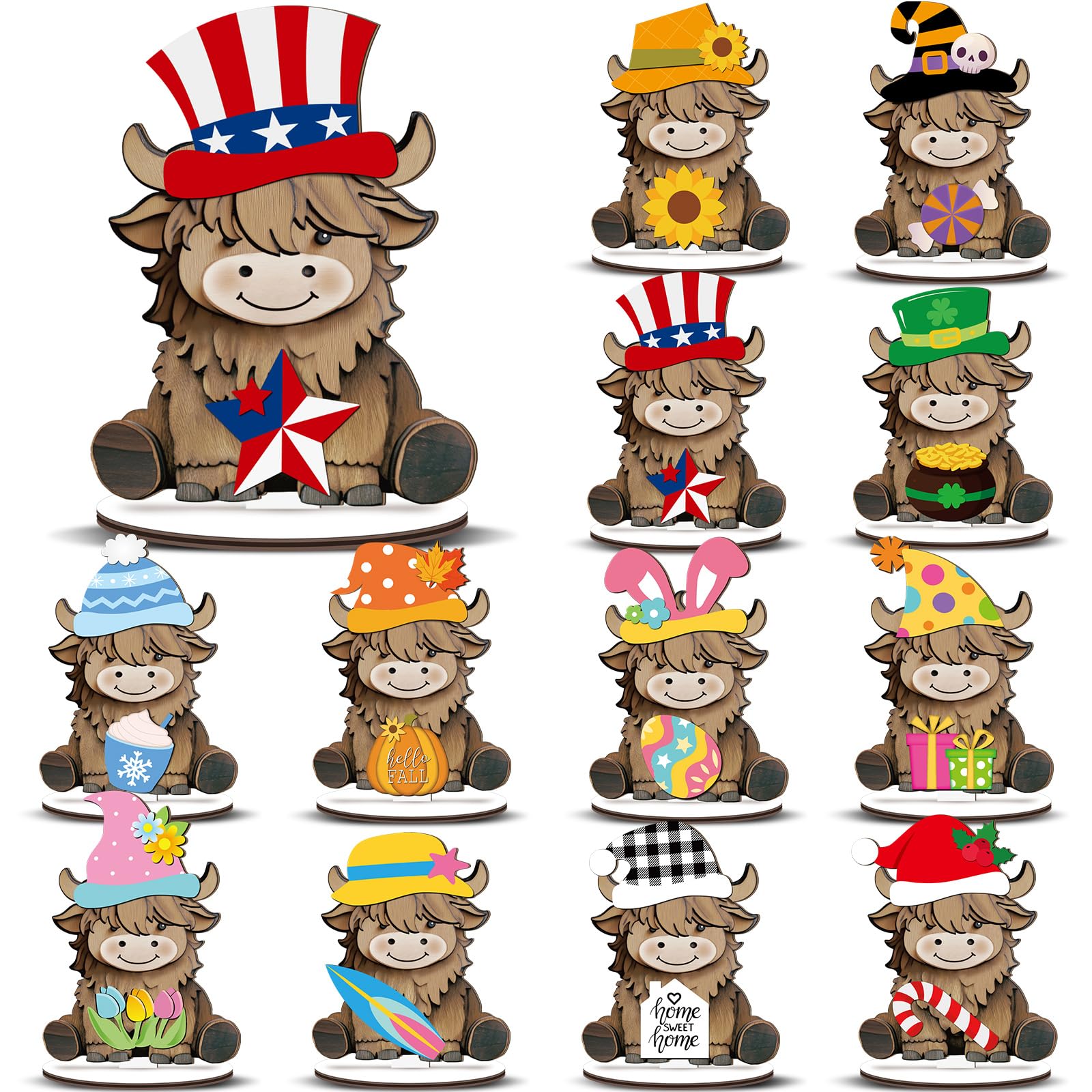 Interchangeable Highland Cow Seasonal Signs for Home Desk Gift with Rustic Tiered Tray Decor (Cute, 27 Pcs)  
Interchang